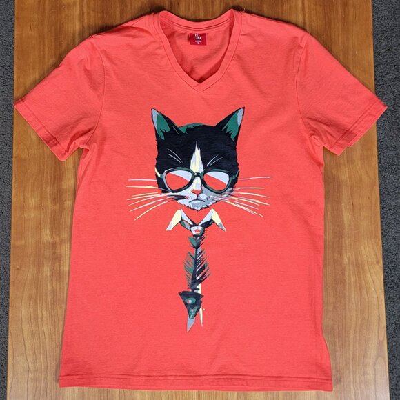 Bibisama Orange Cat With Fish Tie Short Sleeve V-Neck Stretch Cotton Tee - S - Picture 4 of 6